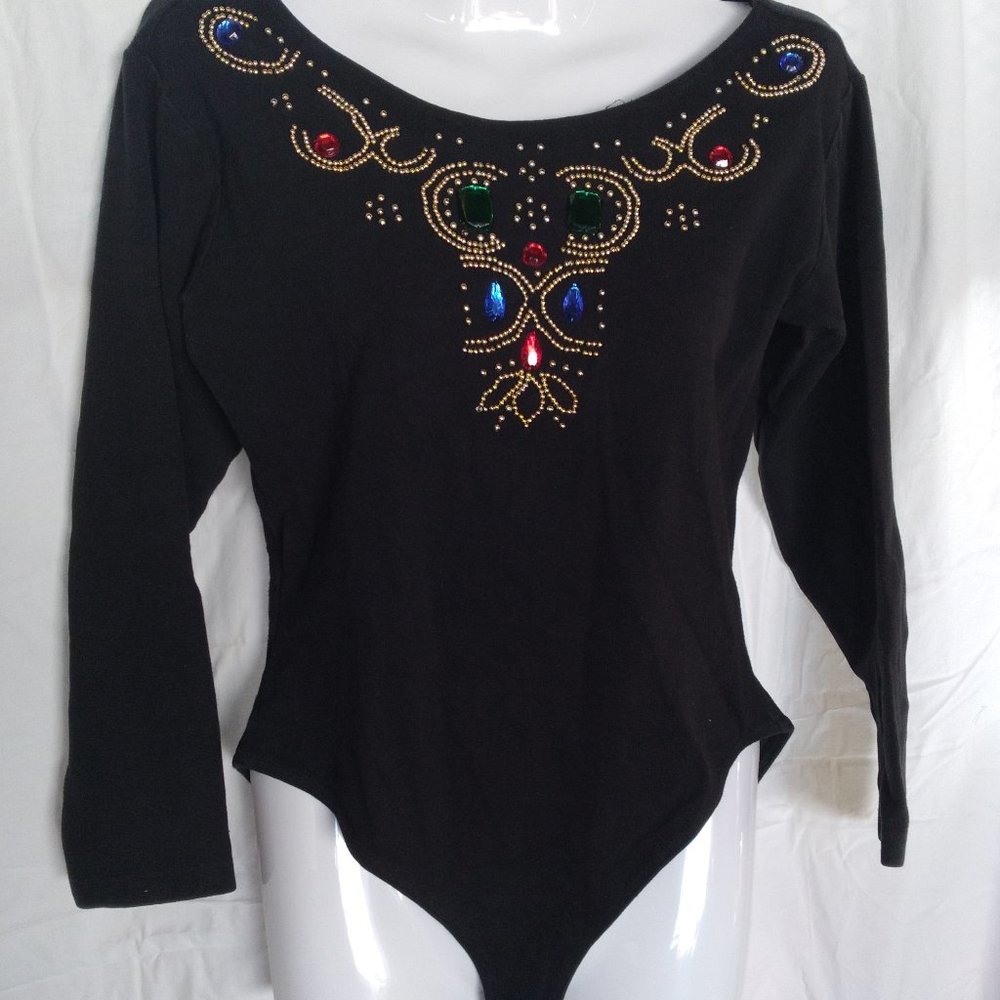 Vintage 80s 90s Swoop Neck Beaded Jeweled Stretch Bodysuit Long Sleeve Snap
